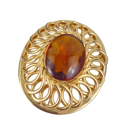 Napier Vintage GoldT one Brooch With Amber Gemstone Intricate Filigree Design Ov - Picture 2 of 5